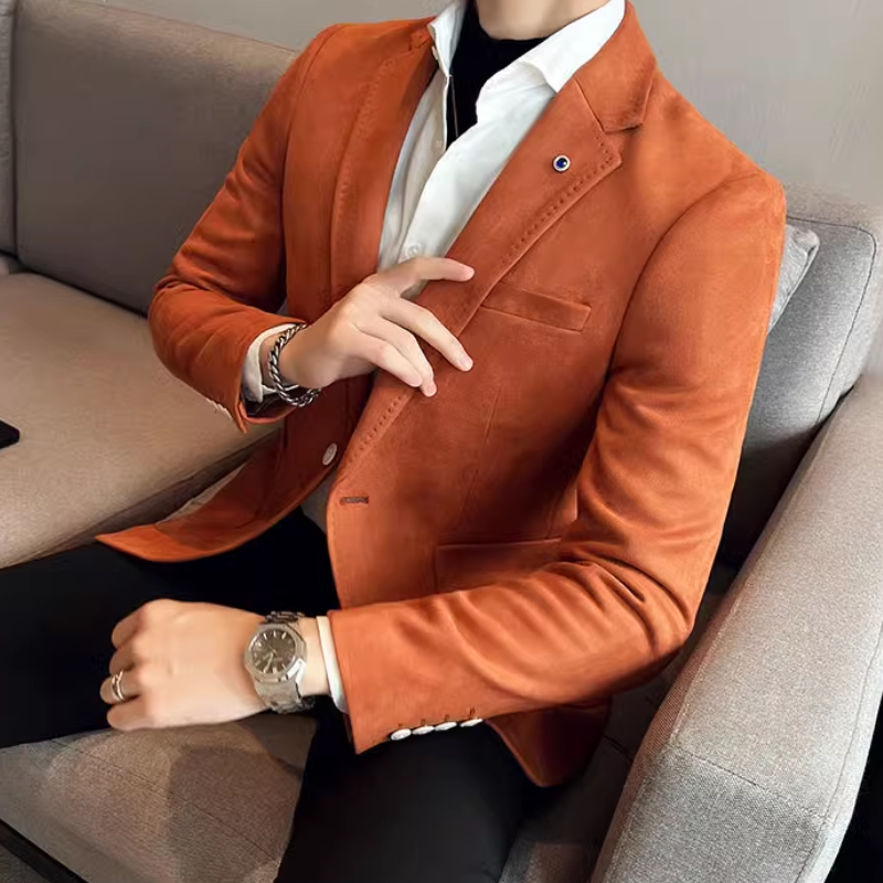 Elegant Slim Fit Suede Blazer med En Knap för Herr | För Alla Säsonger