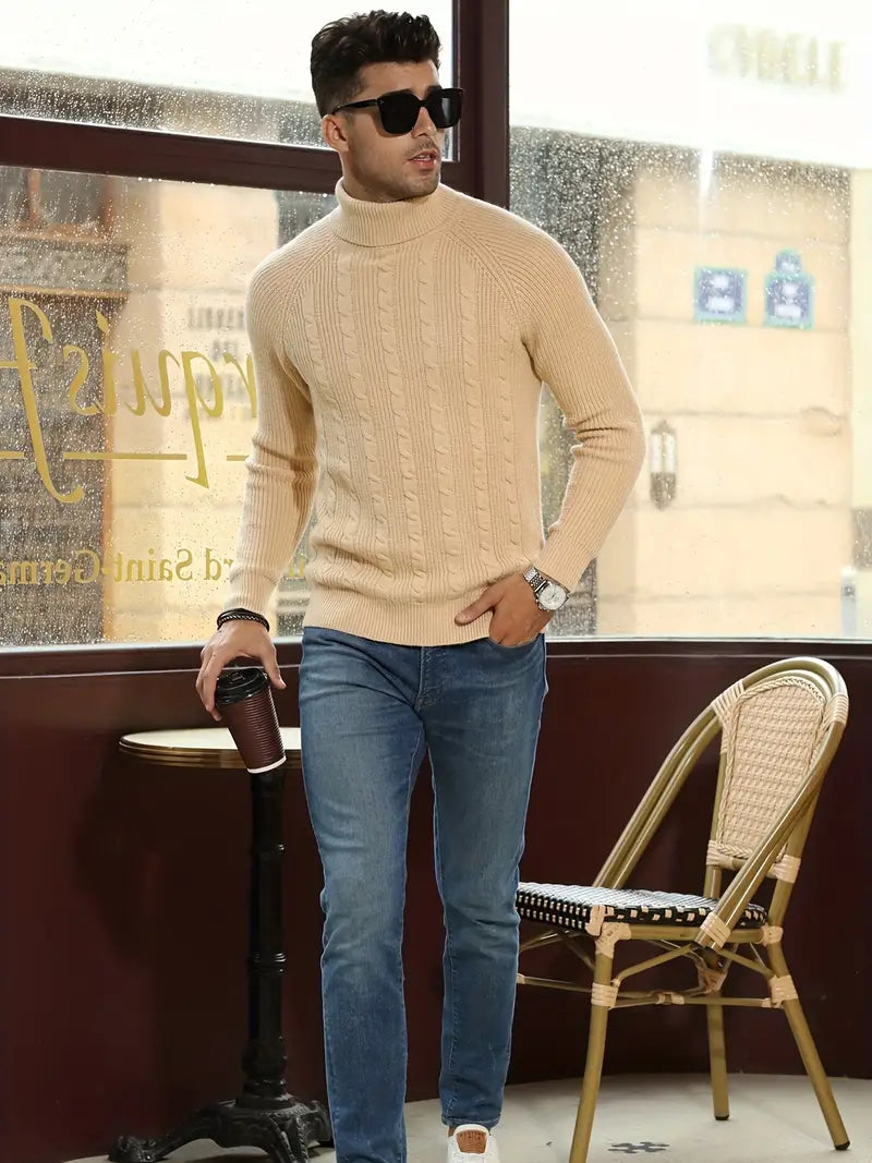 Mysig Beige Polokrage Kabel Tröja För Herr | Perfekt för Höst/Vinter