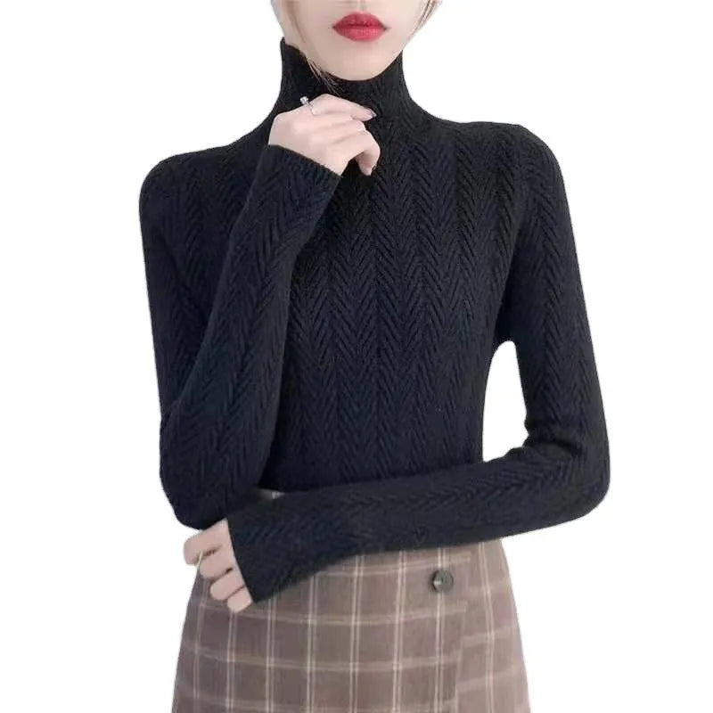 Modern Turtleneck Tröja med Fiskbensmönster för Dam | Ideal för Höst/Vinter