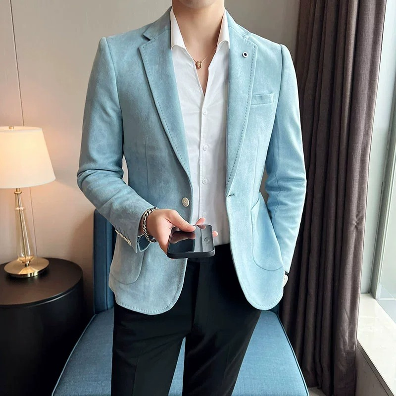 Elegant Slim Fit Suede Blazer med En Knap för Herr | För Alla Säsonger
