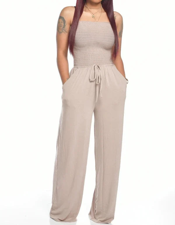 Klassisk Smock Axelbandslös Jumpsuit Med Dragsko för Dam | Ideal för Vår/Sommar