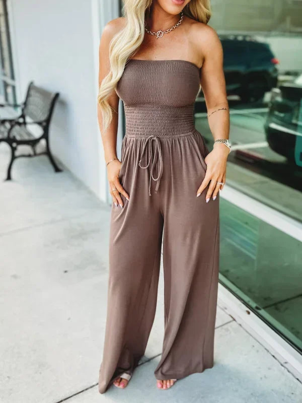 Klassisk Smock Axelbandslös Jumpsuit Med Dragsko för Dam | Ideal för Vår/Sommar