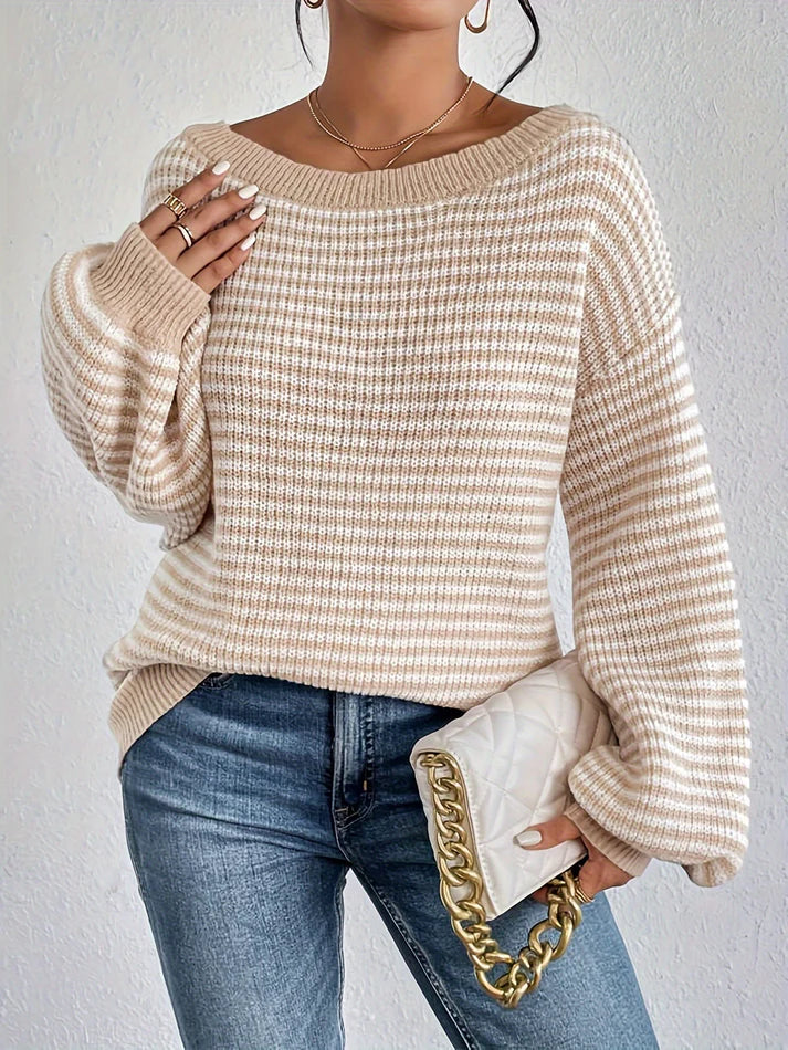 Avslappnad randig off shoulder bomströja med stretchigt tyg och rund hals för kvinnor | Perfekt för Vardagsbruk