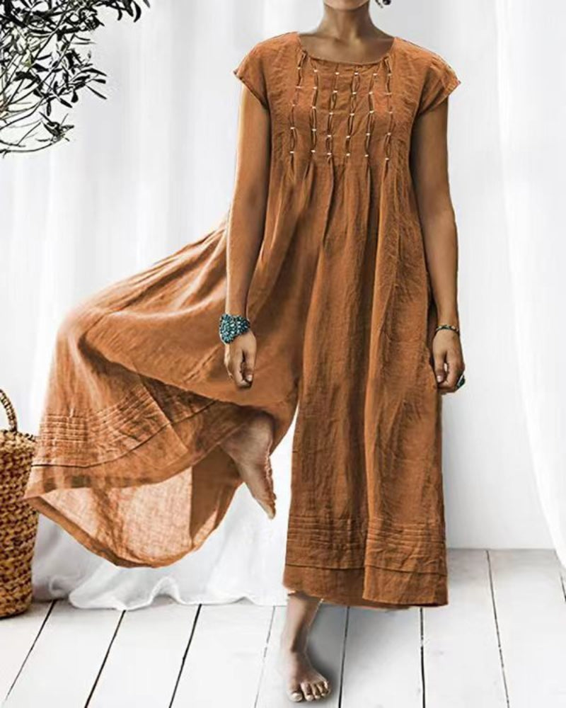 Klassisk Bredbent Knäppt Kortärmad Jumpsuit för Dam | Perfekt för Våren/Sommaren