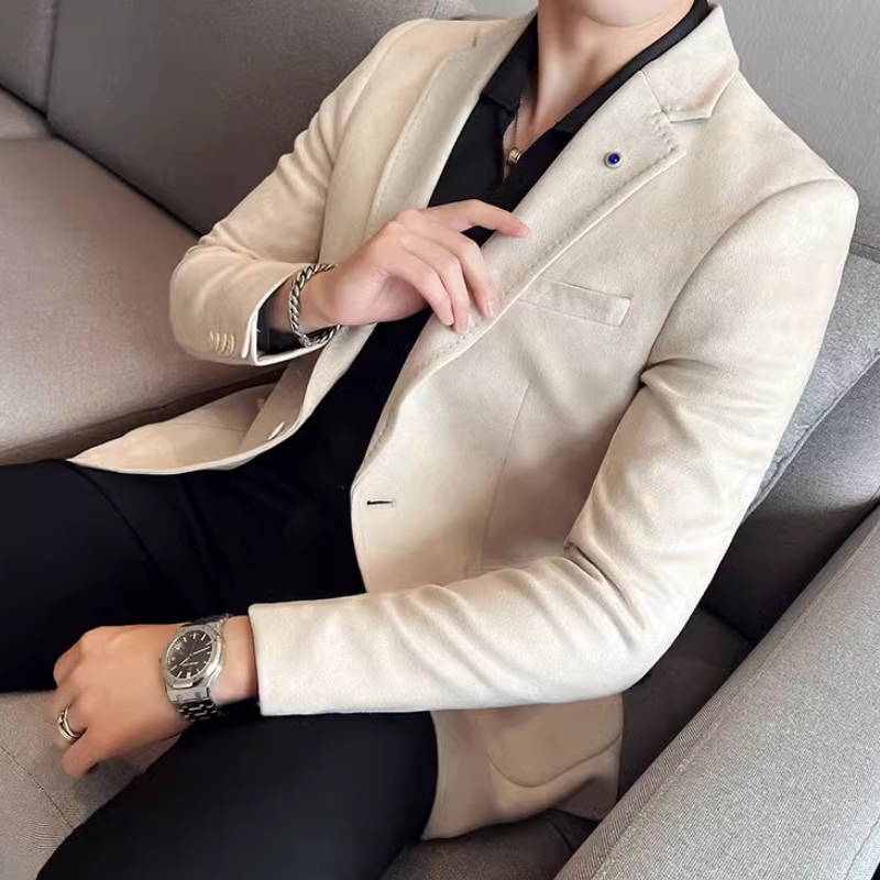 Elegant Slim Fit Suede Blazer med En Knap för Herr | För Alla Säsonger