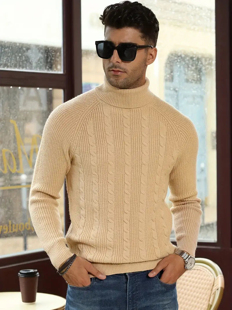 Mysig Beige Polokrage Kabel Tröja För Herr | Perfekt för Höst/Vinter