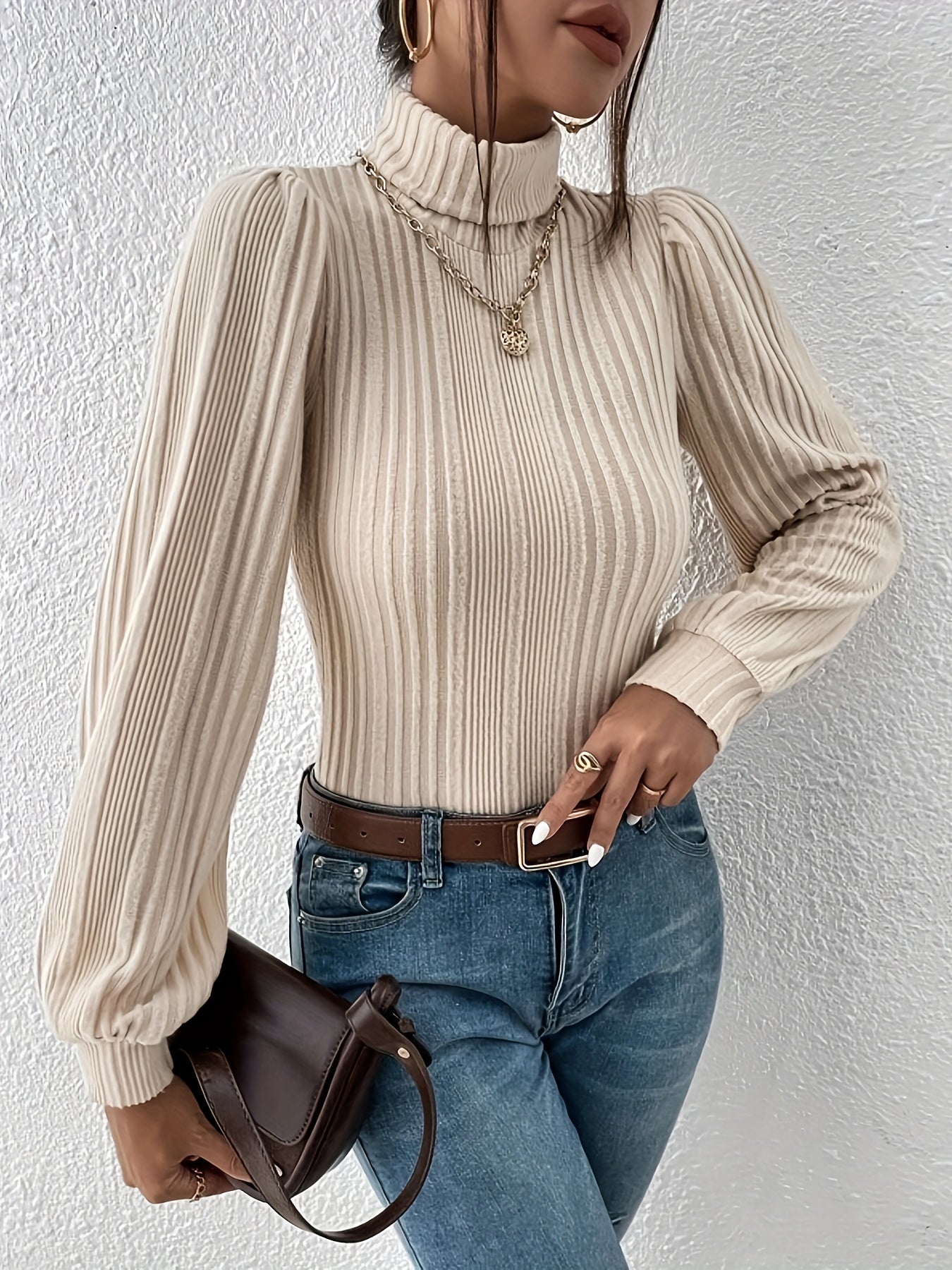 Eleganta Beige Ribb Polotröja T-shirt för Dam | Ideal för Höst/Vinter