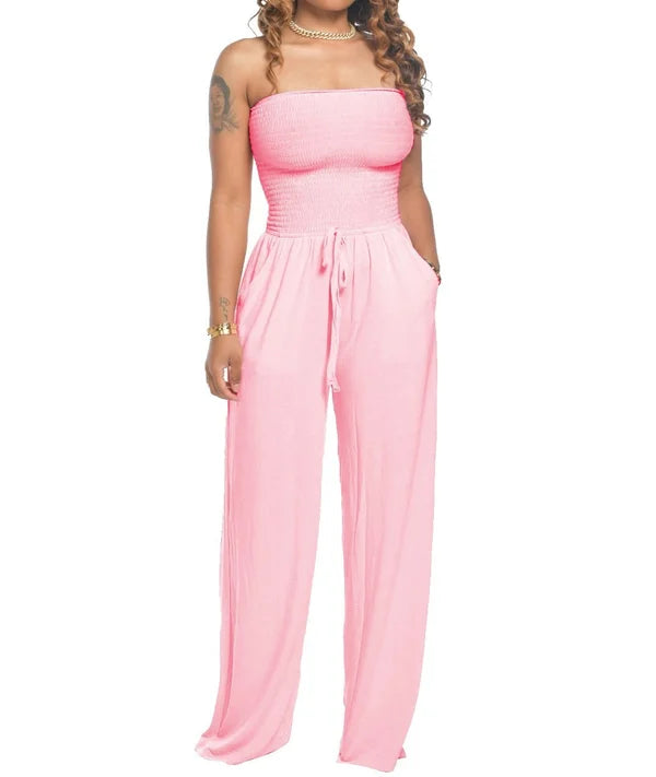 Klassisk Smock Axelbandslös Jumpsuit Med Dragsko för Dam | Ideal för Vår/Sommar
