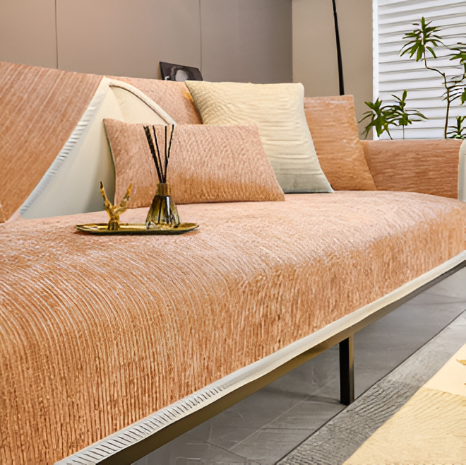 StripeLuxe | Chic randigt sofföverdrag i chenille, andningsbart och texturerat, djurvänligt och halkfritt, perfekt för moderna vardagsrum