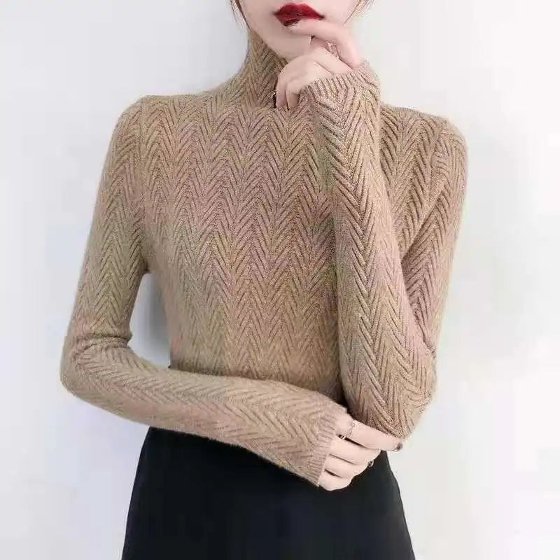 Modern Turtleneck Tröja med Fiskbensmönster för Dam | Ideal för Höst/Vinter