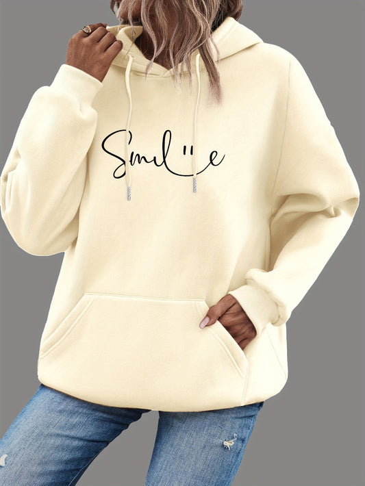 Casual Hoodie med SMILE-tryck och Känguruficka för Dam | Perfekt för Höst/Vinter