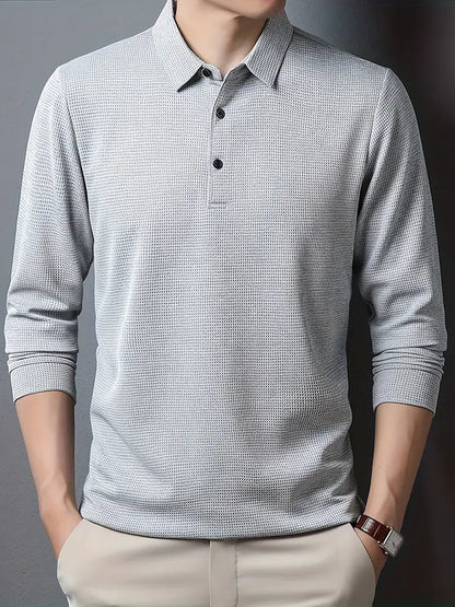 Enfärgad Krage Polotröja Med Knappar Och Mönstrad Design För Herr | Perfekt för Höst/Vinter