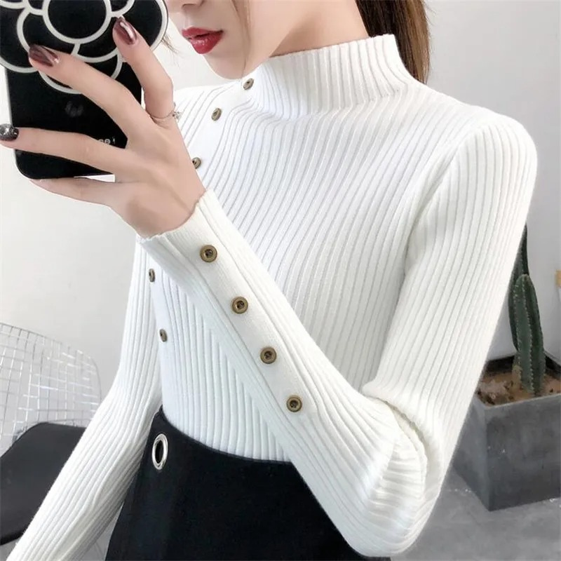Stretchig Turtleneck Tröja med Knappar för Dam | Perfekt för Höst/Vinter