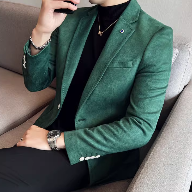 Elegant Slim Fit Suede Blazer med En Knap för Herr | För Alla Säsonger