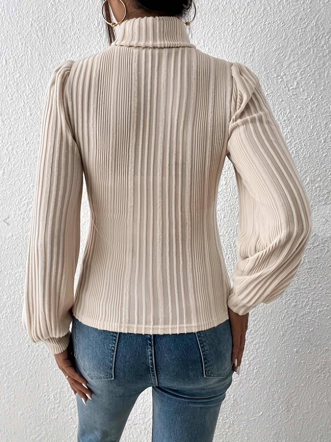 Eleganta Beige Ribbstickad Polotröja T-shirt för Dam | Ideal för Höst/Vinter